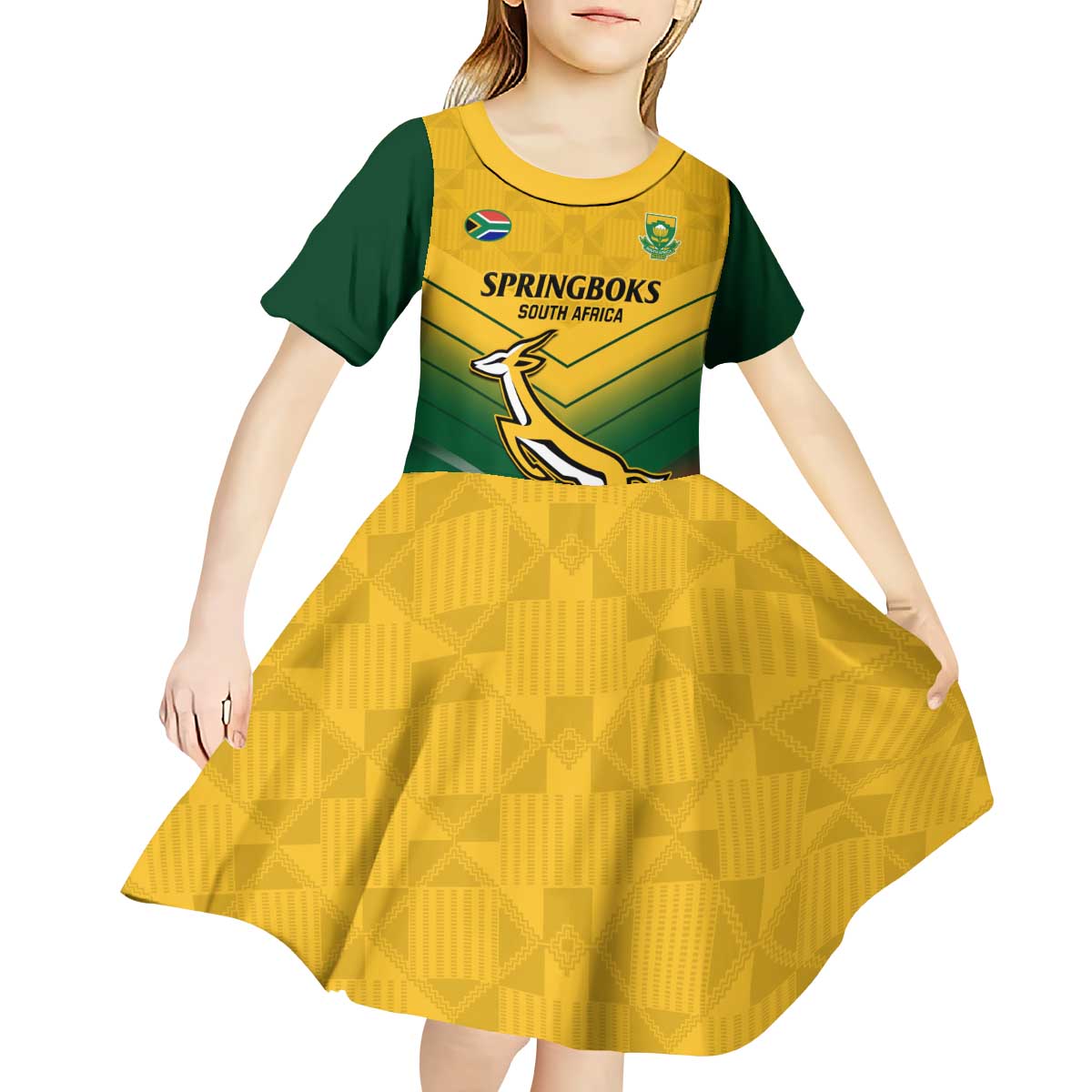 Custom South Africa Rugby Kid Short Sleeve Dress Springboks Go Champions African Pattern - Wonder Print Shop