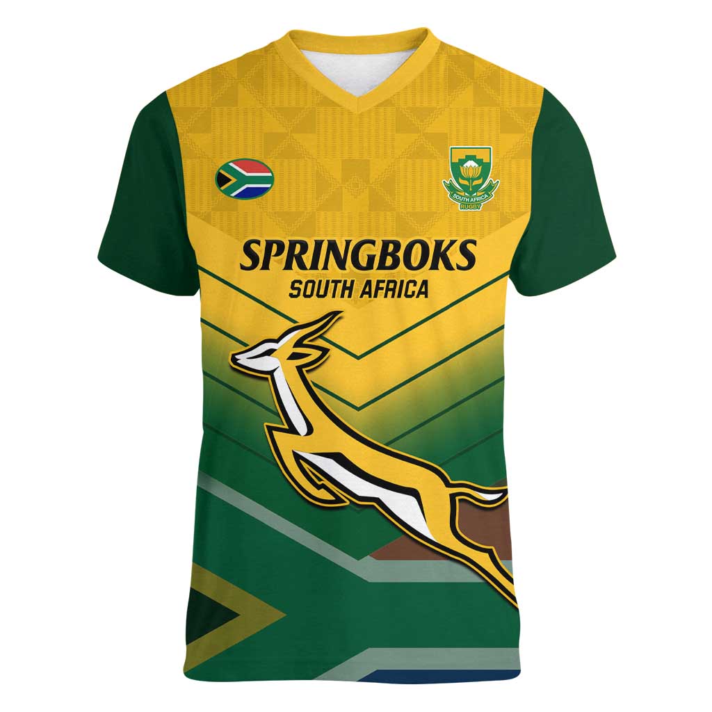 Custom South Africa Rugby Women V-Neck T-Shirt Springboks Go Champions African Pattern - Wonder Print Shop