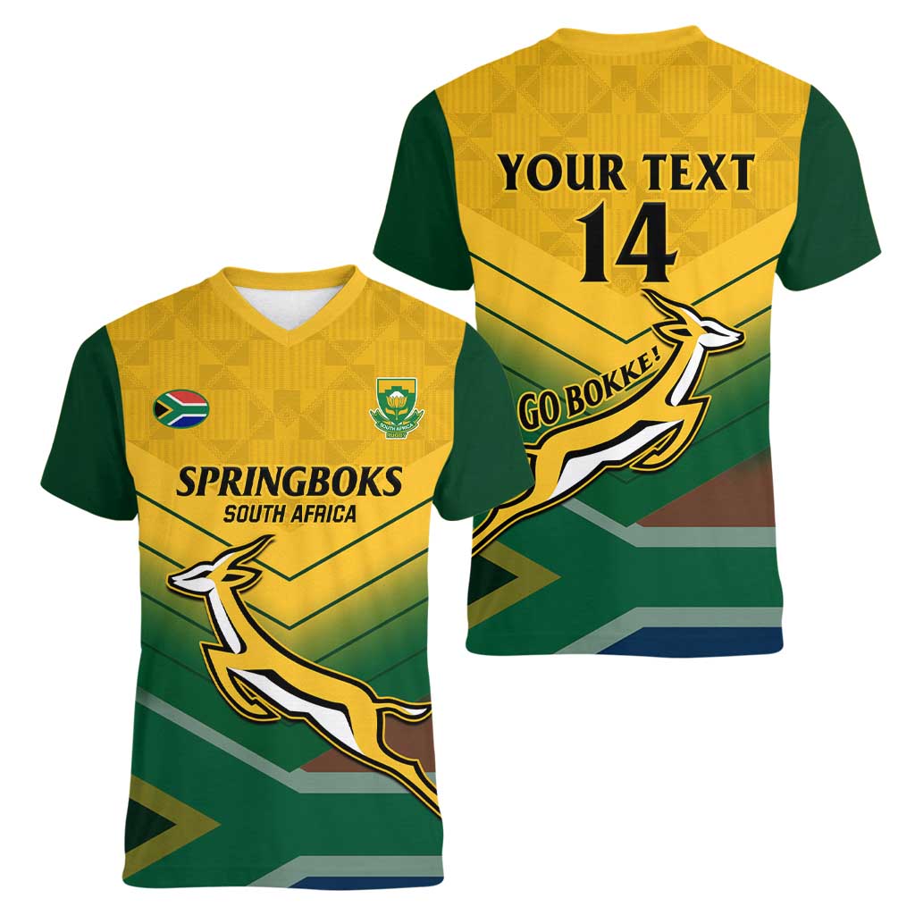 Custom South Africa Rugby Women V-Neck T-Shirt Springboks Go Champions African Pattern - Wonder Print Shop