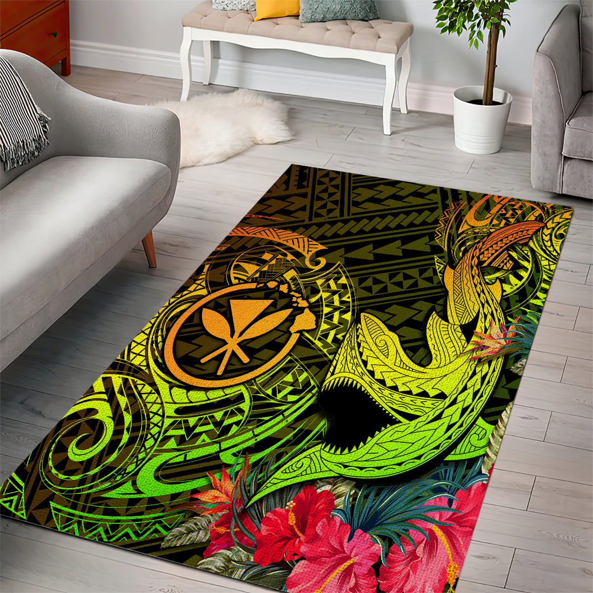 Hawaii Area Rug Kanaka Map With Polynesian Shark Tattoo Reggae Unique - Wonder Print Shop