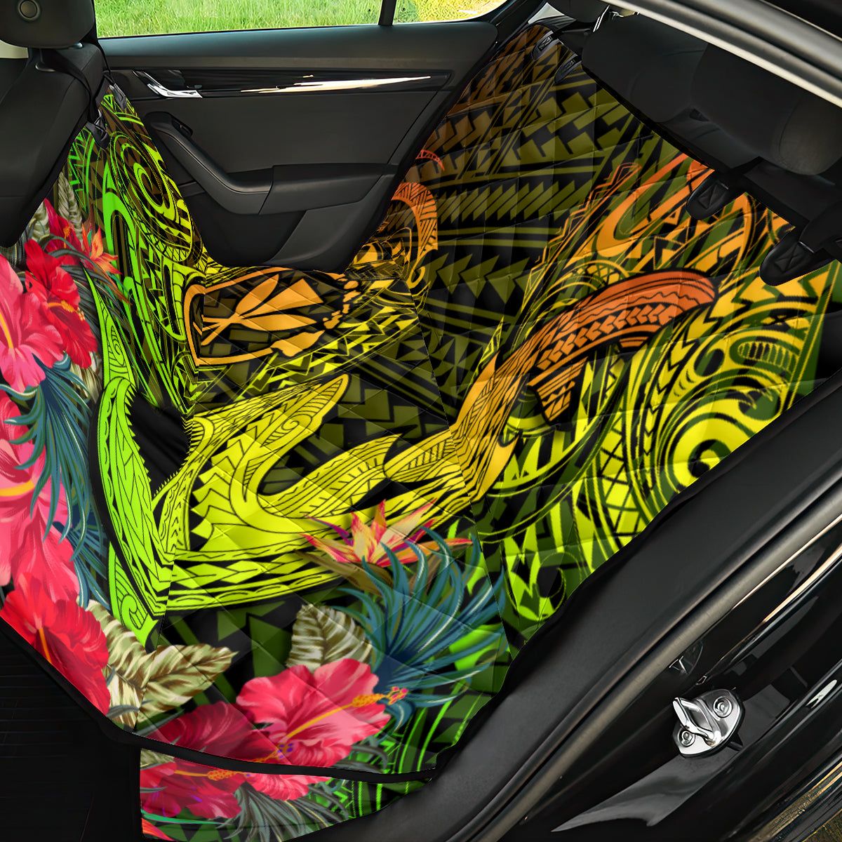 Hawaii Back Car Seat Cover Kanaka Map With Polynesian Shark Tattoo Reggae Unique - Wonder Print Shop
