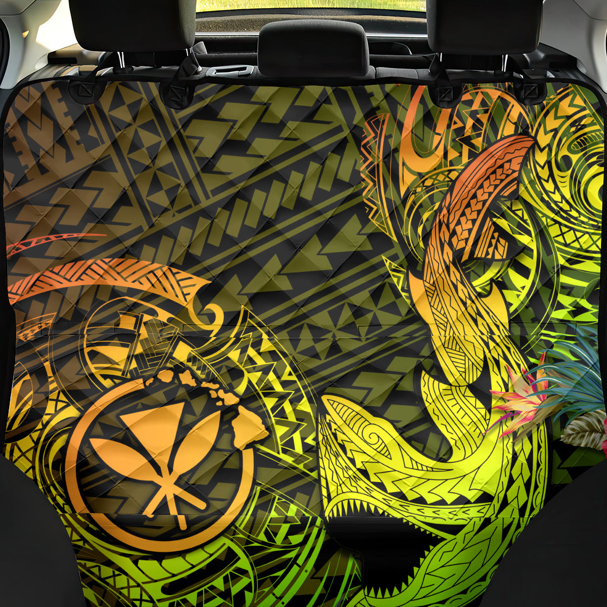 Hawaii Back Car Seat Cover Kanaka Map With Polynesian Shark Tattoo Reggae Unique - Wonder Print Shop