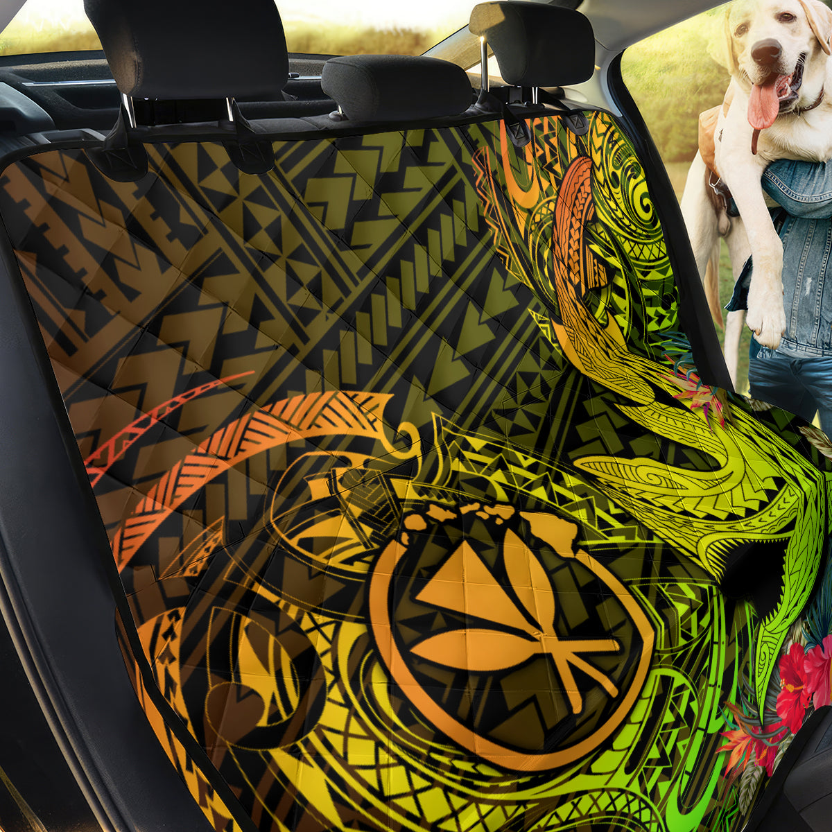 Hawaii Back Car Seat Cover Kanaka Map With Polynesian Shark Tattoo Reggae Unique - Wonder Print Shop