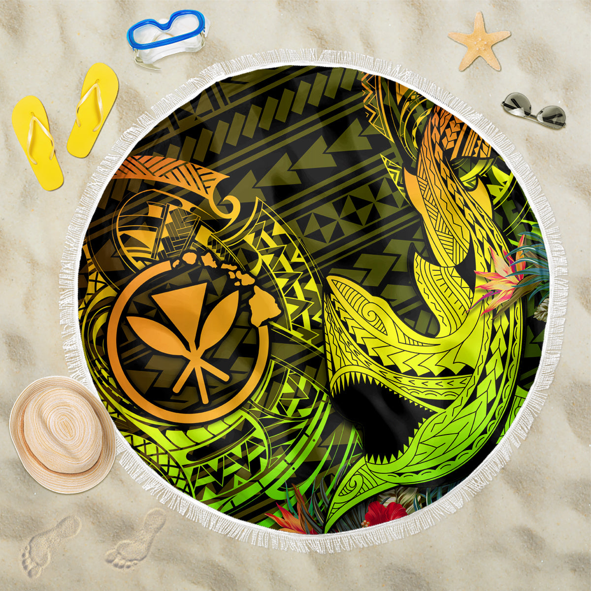 Hawaii Beach Blanket Kanaka Map With Polynesian Shark Tattoo Reggae Unique - Wonder Print Shop