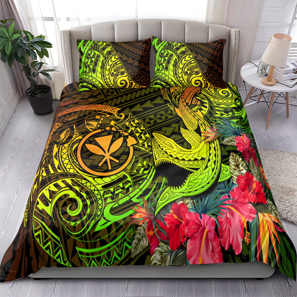 Hawaii Bedding Set Kanaka Map With Polynesian Shark Tattoo Reggae Unique - Wonder Print Shop