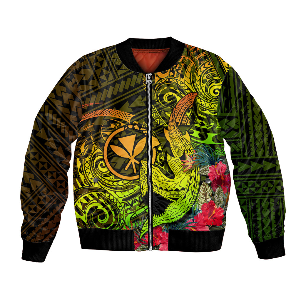 Hawaii Bomber Jacket Kanaka Map With Polynesian Shark Tattoo Reggae Unique - Wonder Print Shop