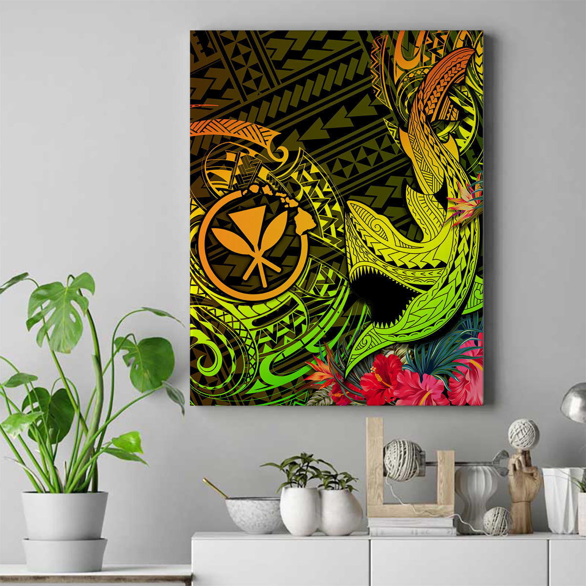 Hawaii Canvas Wall Art Kanaka Map With Polynesian Shark Tattoo Reggae Unique - Wonder Print Shop