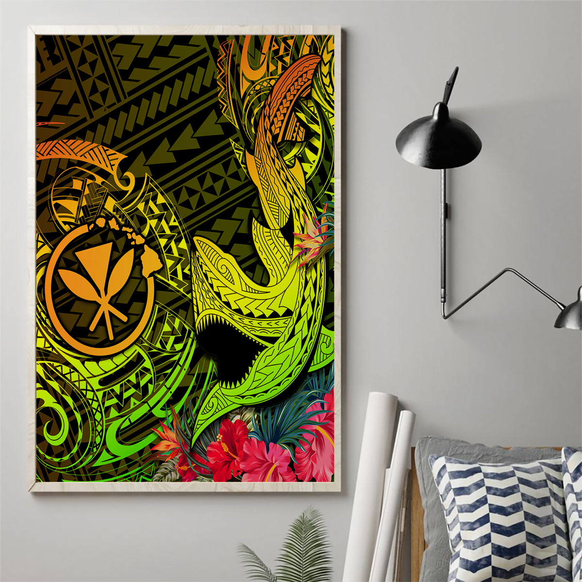 Hawaii Canvas Wall Art Kanaka Map With Polynesian Shark Tattoo Reggae Unique - Wonder Print Shop