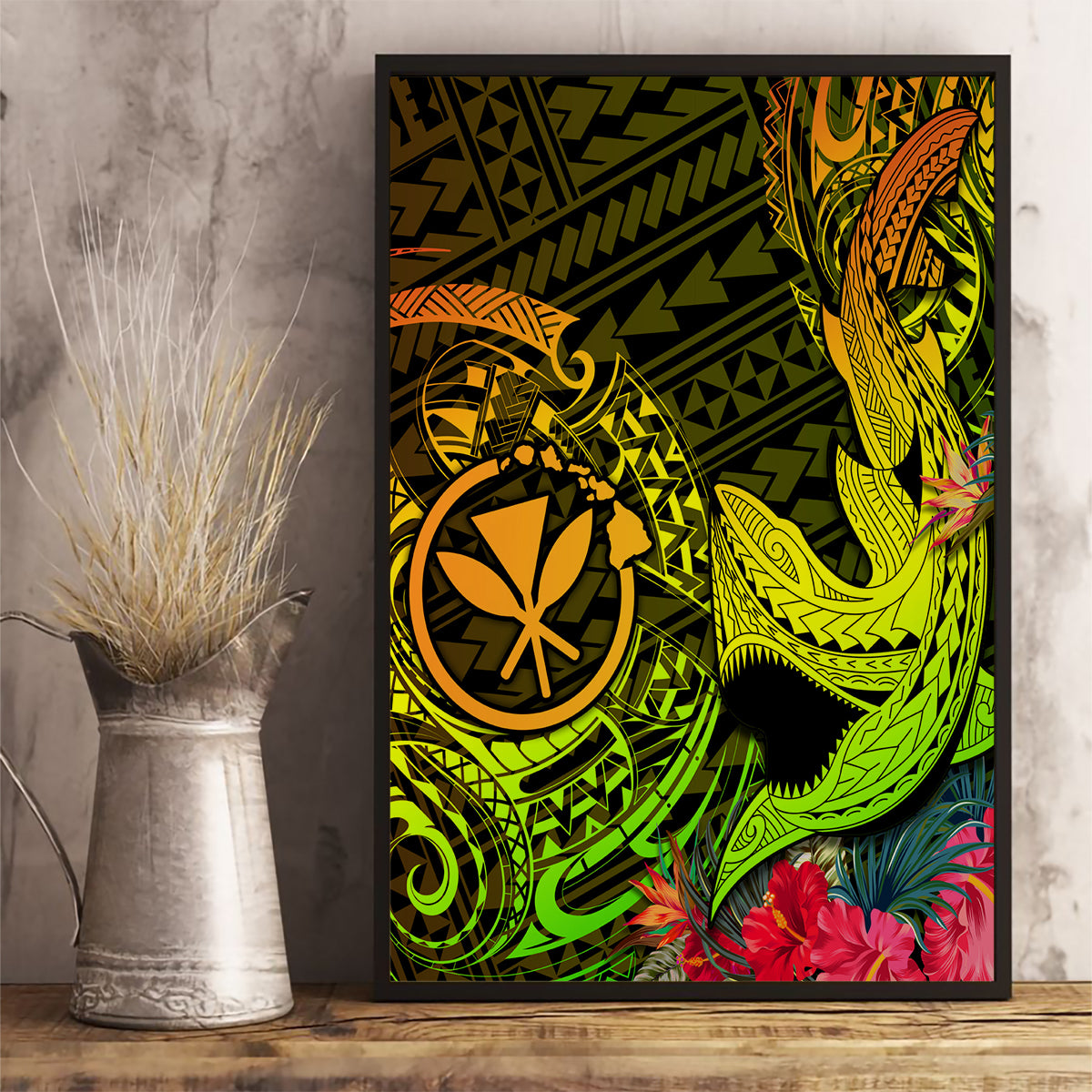 Hawaii Canvas Wall Art Kanaka Map With Polynesian Shark Tattoo Reggae Unique - Wonder Print Shop