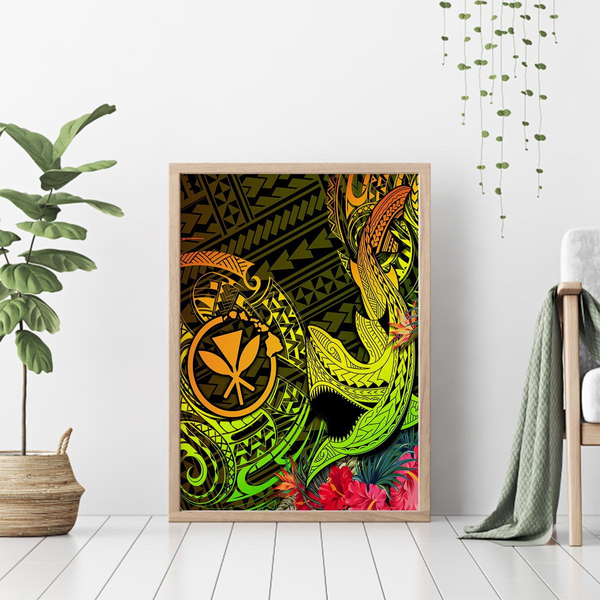 Hawaii Canvas Wall Art Kanaka Map With Polynesian Shark Tattoo Reggae Unique - Wonder Print Shop