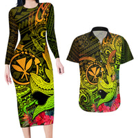 Hawaii Couples Matching Long Sleeve Bodycon Dress and Hawaiian Shirt Kanaka Map With Polynesian Shark Tattoo Reggae Unique - Wonder Print Shop