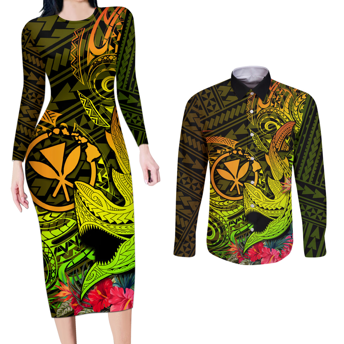 Hawaii Couples Matching Long Sleeve Bodycon Dress and Long Sleeve Button Shirts Kanaka Map With Polynesian Shark Tattoo Reggae Unique - Wonder Print Shop