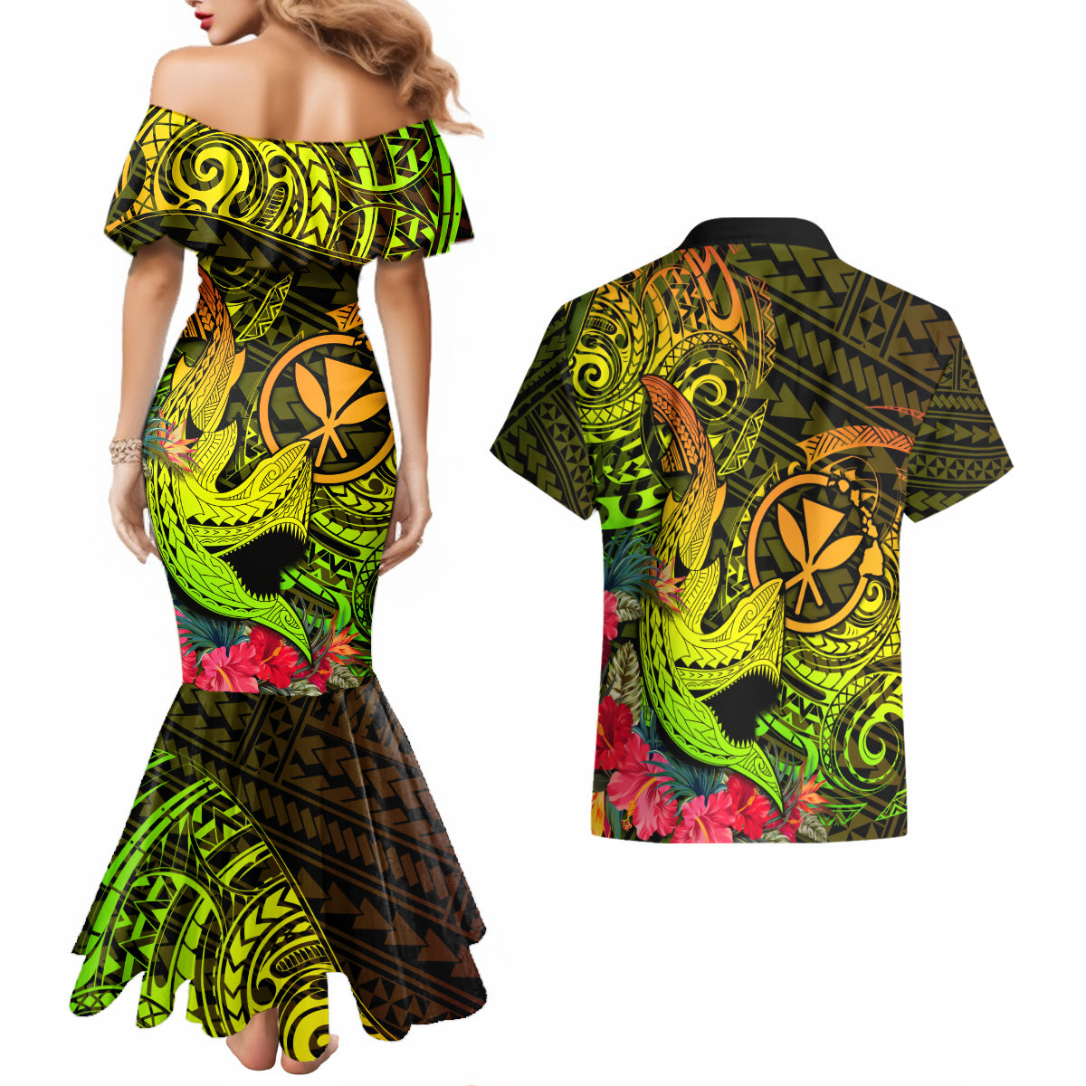 Hawaii Couples Matching Mermaid Dress and Hawaiian Shirt Kanaka Map With Polynesian Shark Tattoo Reggae Unique - Wonder Print Shop