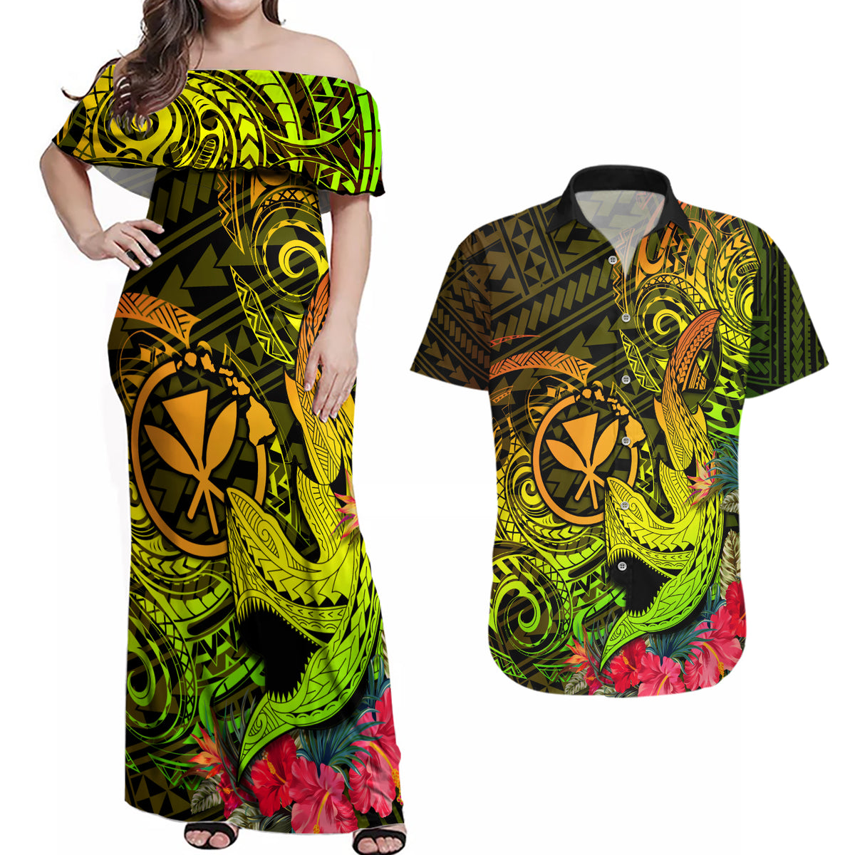 Hawaii Couples Matching Off Shoulder Maxi Dress and Hawaiian Shirt Kanaka Map With Polynesian Shark Tattoo Reggae Unique - Wonder Print Shop
