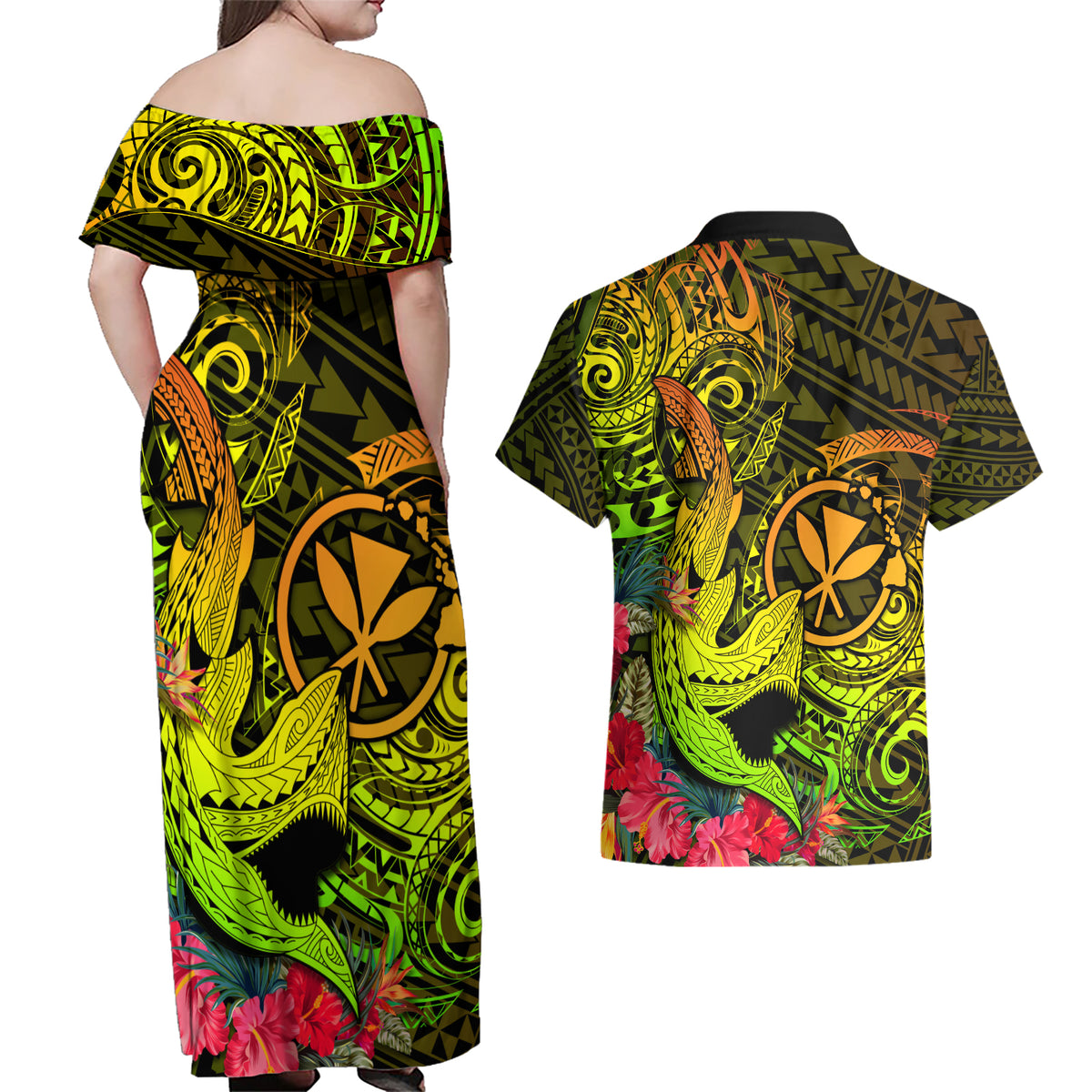 Hawaii Couples Matching Off Shoulder Maxi Dress and Hawaiian Shirt Kanaka Map With Polynesian Shark Tattoo Reggae Unique - Wonder Print Shop