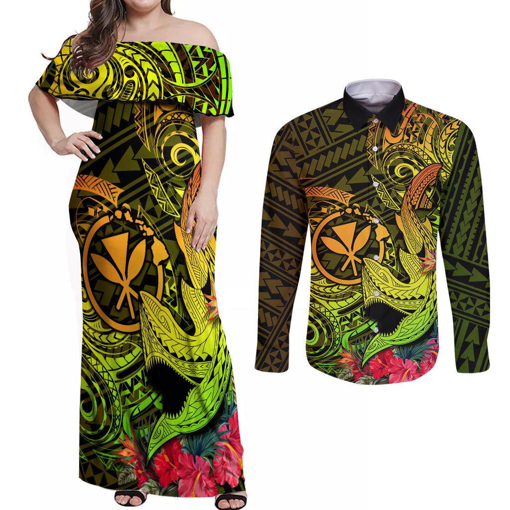 Hawaii Couples Matching Off Shoulder Maxi Dress and Long Sleeve Button Shirts Kanaka Map With Polynesian Shark Tattoo Reggae Unique - Wonder Print Shop