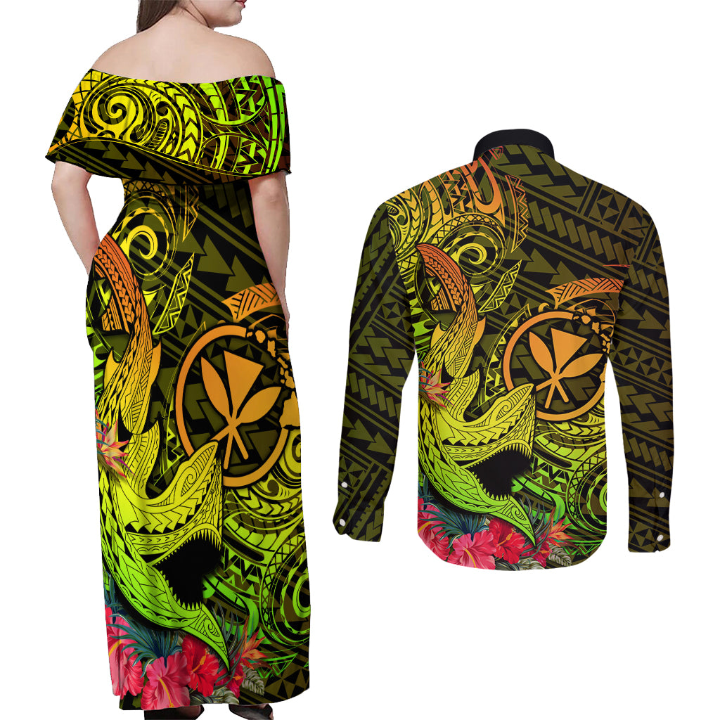Hawaii Couples Matching Off Shoulder Maxi Dress and Long Sleeve Button Shirts Kanaka Map With Polynesian Shark Tattoo Reggae Unique - Wonder Print Shop