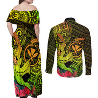 Hawaii Couples Matching Off Shoulder Maxi Dress and Long Sleeve Button Shirts Kanaka Map With Polynesian Shark Tattoo Reggae Unique - Wonder Print Shop