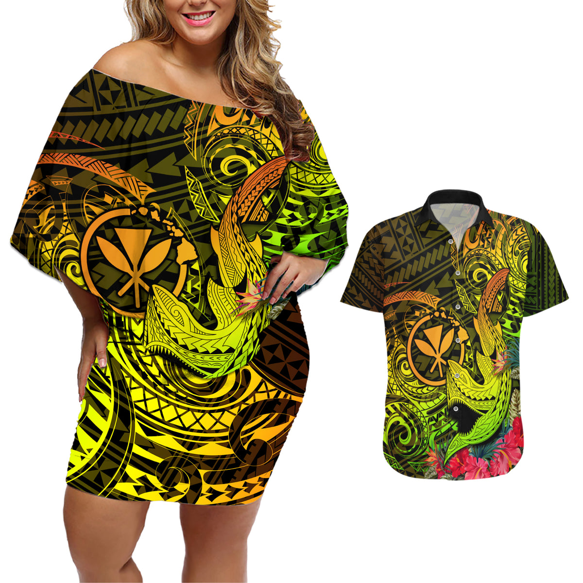 Hawaii Couples Matching Off Shoulder Short Dress and Hawaiian Shirt Kanaka Map With Polynesian Shark Tattoo Reggae Unique - Wonder Print Shop