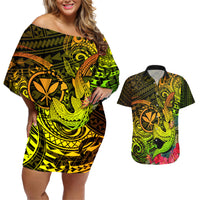 Hawaii Couples Matching Off Shoulder Short Dress and Hawaiian Shirt Kanaka Map With Polynesian Shark Tattoo Reggae Unique - Wonder Print Shop