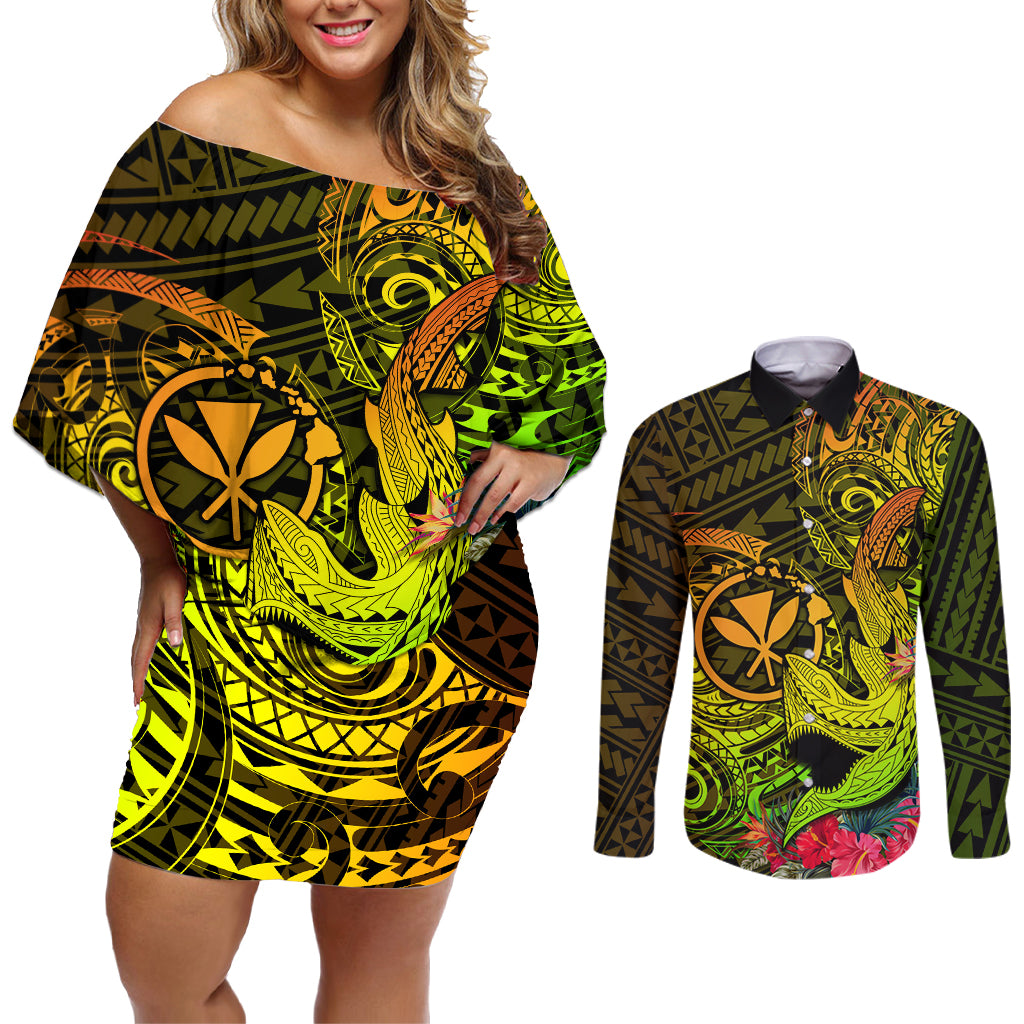 Hawaii Couples Matching Off Shoulder Short Dress and Long Sleeve Button Shirts Kanaka Map With Polynesian Shark Tattoo Reggae Unique - Wonder Print Shop