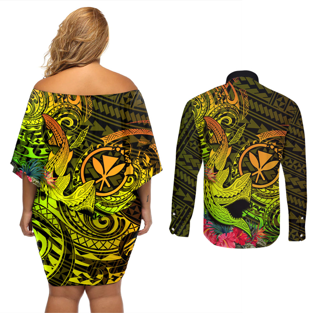 Hawaii Couples Matching Off Shoulder Short Dress and Long Sleeve Button Shirts Kanaka Map With Polynesian Shark Tattoo Reggae Unique - Wonder Print Shop