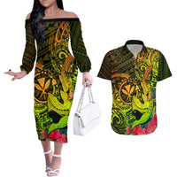Hawaii Couples Matching Off The Shoulder Long Sleeve Dress and Hawaiian Shirt Kanaka Map With Polynesian Shark Tattoo Reggae Unique - Wonder Print Shop