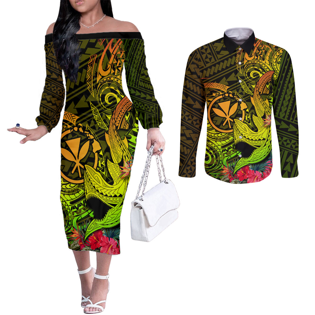 hawaii-couples-matching-off-the-shoulder-long-sleeve-dress-and-long-sleeve-button-shirts-kanaka-map-with-polynesian-shark-tattoo-reggae-unique