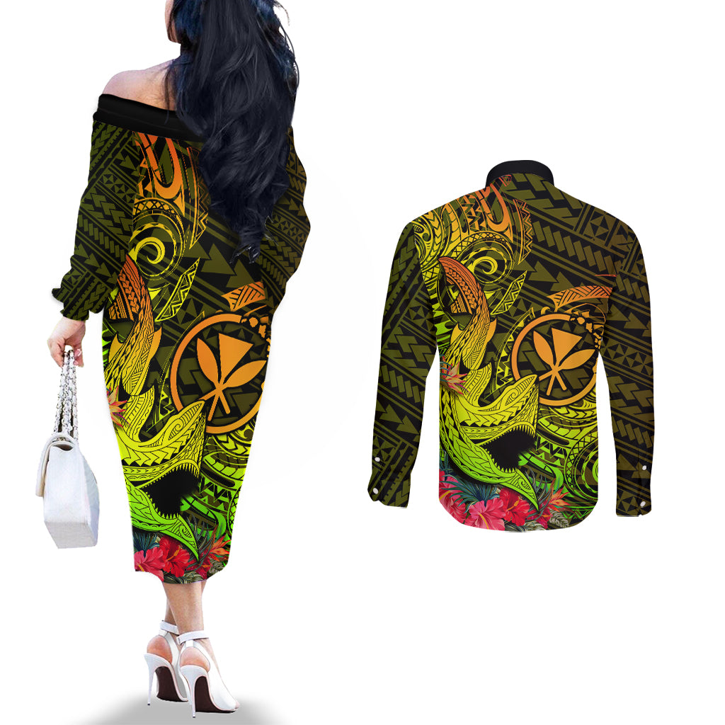 hawaii-couples-matching-off-the-shoulder-long-sleeve-dress-and-long-sleeve-button-shirts-kanaka-map-with-polynesian-shark-tattoo-reggae-unique