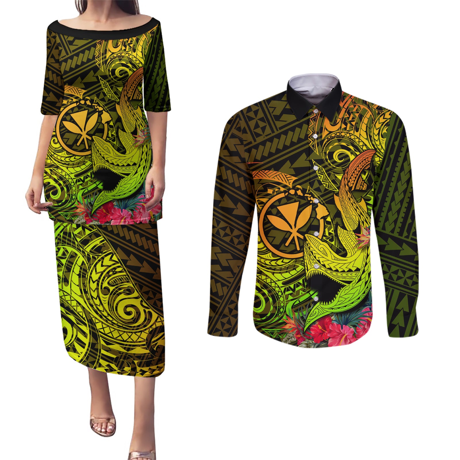 Hawaii Couples Matching Puletasi Dress and Long Sleeve Button Shirts Kanaka Map With Polynesian Shark Tattoo Reggae Unique - Wonder Print Shop
