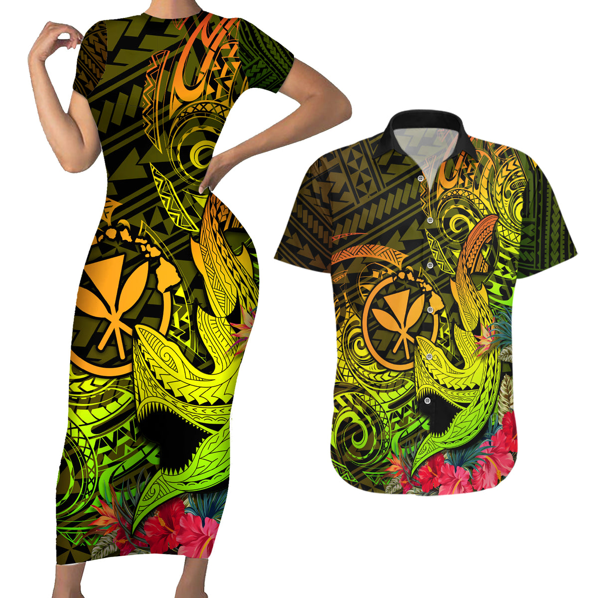 Hawaii Couples Matching Short Sleeve Bodycon Dress and Hawaiian Shirt Kanaka Map With Polynesian Shark Tattoo Reggae Unique - Wonder Print Shop