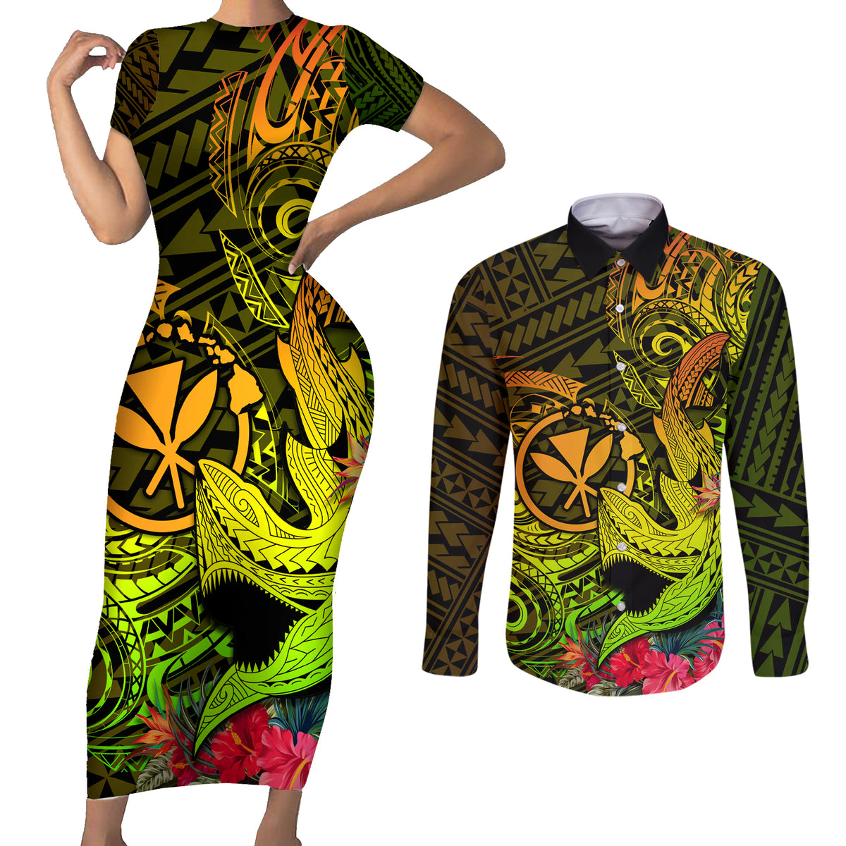 Hawaii Couples Matching Short Sleeve Bodycon Dress and Long Sleeve Button Shirts Kanaka Map With Polynesian Shark Tattoo Reggae Unique - Wonder Print Shop