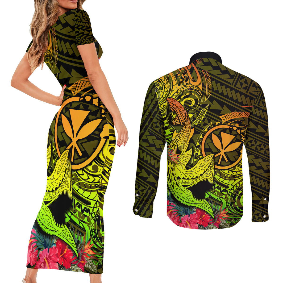 Hawaii Couples Matching Short Sleeve Bodycon Dress and Long Sleeve Button Shirts Kanaka Map With Polynesian Shark Tattoo Reggae Unique - Wonder Print Shop