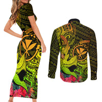 Hawaii Couples Matching Short Sleeve Bodycon Dress and Long Sleeve Button Shirts Kanaka Map With Polynesian Shark Tattoo Reggae Unique - Wonder Print Shop