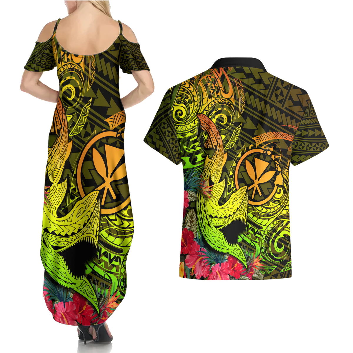 Hawaii Couples Matching Summer Maxi Dress and Hawaiian Shirt Kanaka Map With Polynesian Shark Tattoo Reggae Unique - Wonder Print Shop