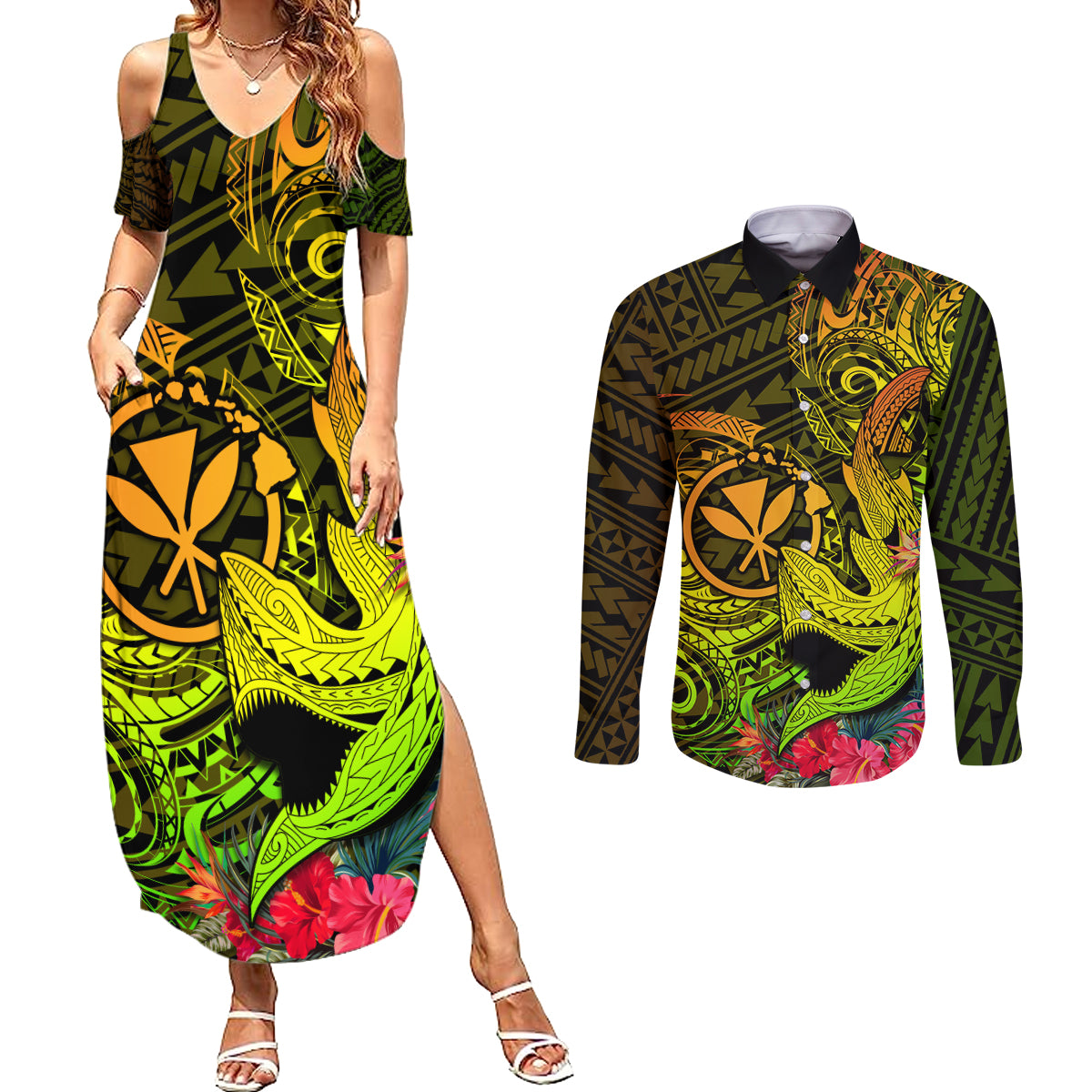 Hawaii Couples Matching Summer Maxi Dress and Long Sleeve Button Shirts Kanaka Map With Polynesian Shark Tattoo Reggae Unique - Wonder Print Shop