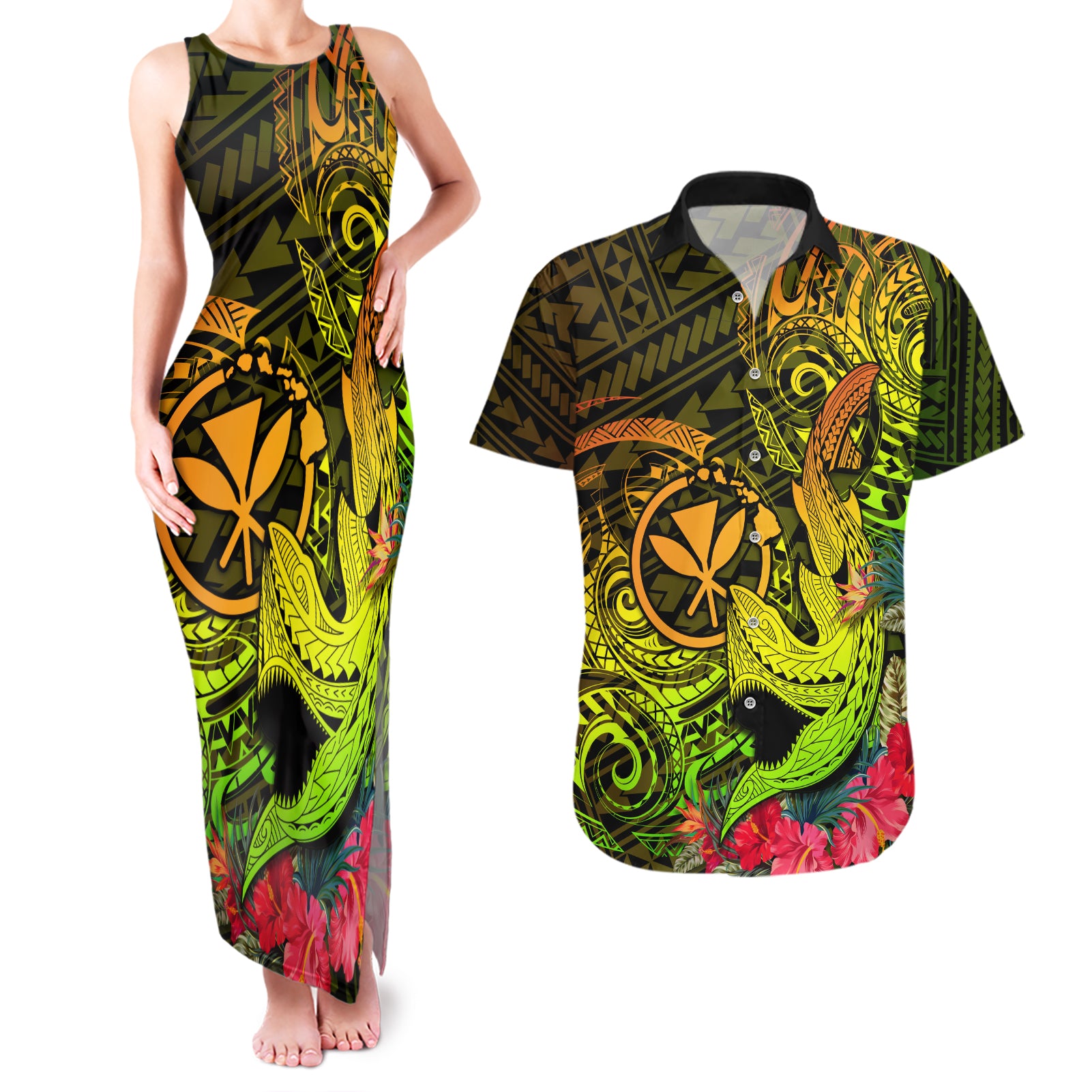Hawaii Couples Matching Tank Maxi Dress and Hawaiian Shirt Kanaka Map With Polynesian Shark Tattoo Reggae Unique - Wonder Print Shop