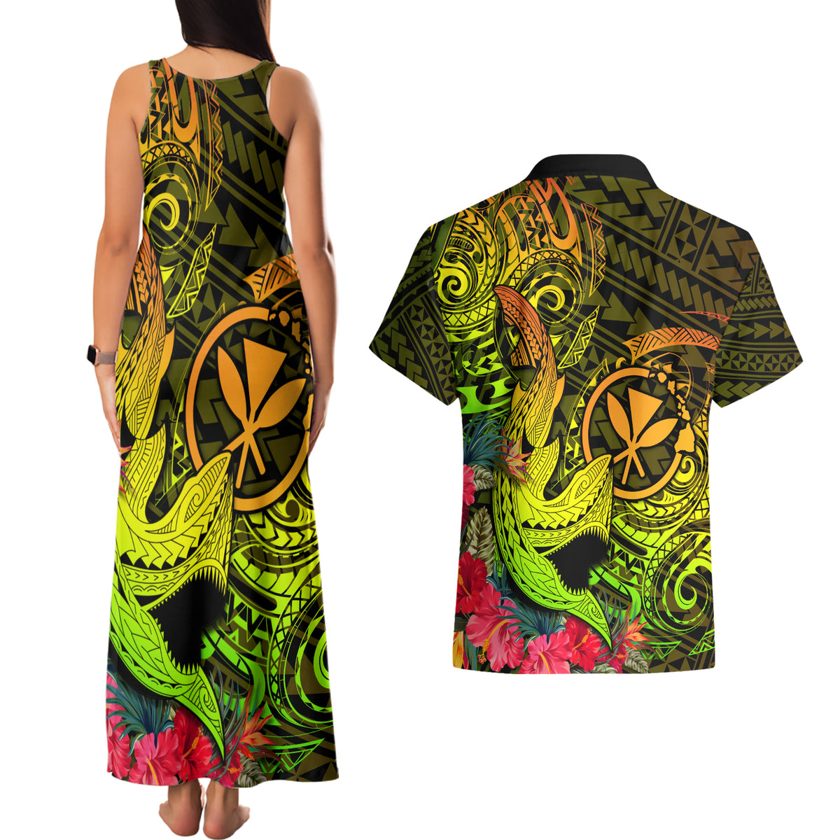 Hawaii Couples Matching Tank Maxi Dress and Hawaiian Shirt Kanaka Map With Polynesian Shark Tattoo Reggae Unique - Wonder Print Shop