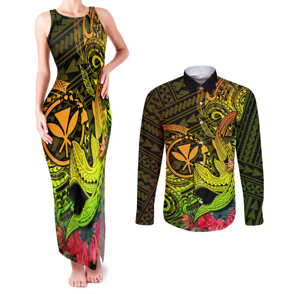 Hawaii Couples Matching Tank Maxi Dress and Long Sleeve Button Shirts Kanaka Map With Polynesian Shark Tattoo Reggae Unique - Wonder Print Shop