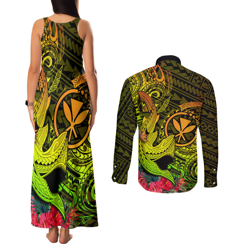 Hawaii Couples Matching Tank Maxi Dress and Long Sleeve Button Shirts Kanaka Map With Polynesian Shark Tattoo Reggae Unique - Wonder Print Shop