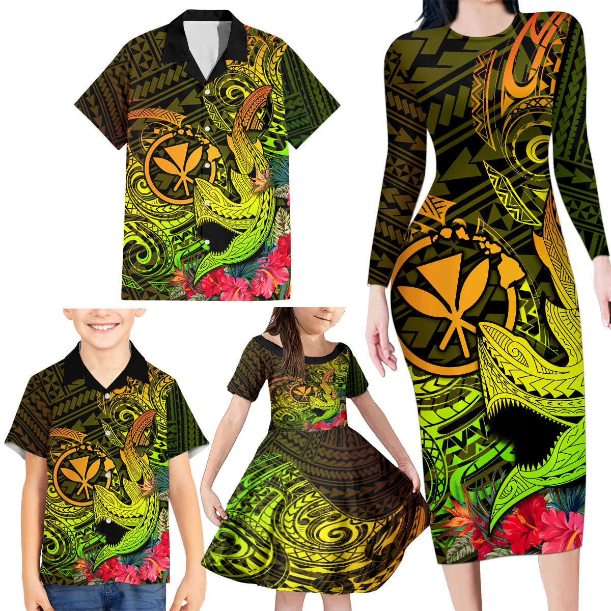 Hawaii Family Matching Long Sleeve Bodycon Dress and Hawaiian Shirt Kanaka Map With Polynesian Shark Tattoo Reggae Unique - Wonder Print Shop