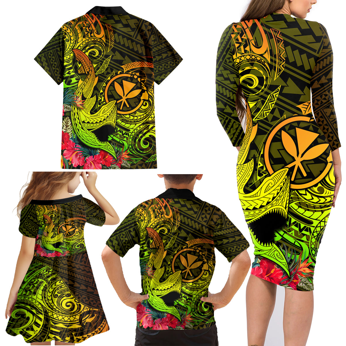 Hawaii Family Matching Long Sleeve Bodycon Dress and Hawaiian Shirt Kanaka Map With Polynesian Shark Tattoo Reggae Unique - Wonder Print Shop