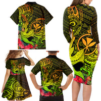 Hawaii Family Matching Long Sleeve Bodycon Dress and Hawaiian Shirt Kanaka Map With Polynesian Shark Tattoo Reggae Unique - Wonder Print Shop