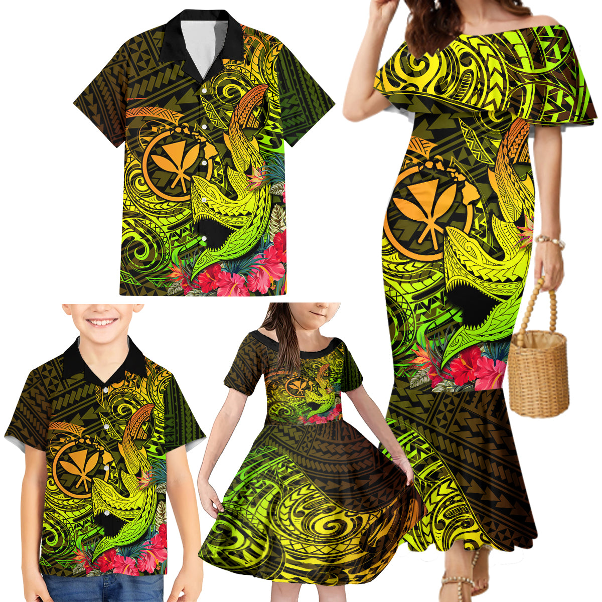 Hawaii Family Matching Mermaid Dress and Hawaiian Shirt Kanaka Map With Polynesian Shark Tattoo Reggae Unique - Wonder Print Shop