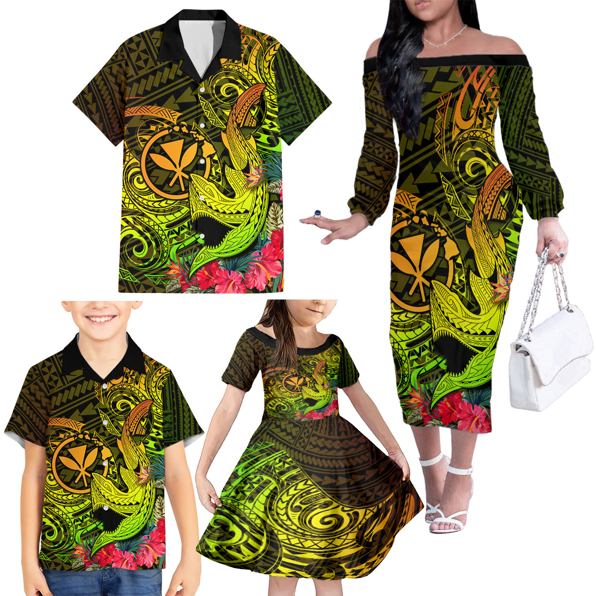 Hawaii Family Matching Off Shoulder Long Sleeve Dress and Hawaiian Shirt Kanaka Map With Polynesian Shark Tattoo Reggae Unique - Wonder Print Shop