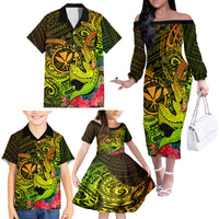 Hawaii Family Matching Off Shoulder Long Sleeve Dress and Hawaiian Shirt Kanaka Map With Polynesian Shark Tattoo Reggae Unique - Wonder Print Shop