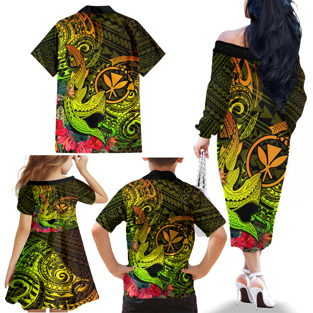 Hawaii Family Matching Off Shoulder Long Sleeve Dress and Hawaiian Shirt Kanaka Map With Polynesian Shark Tattoo Reggae Unique - Wonder Print Shop