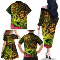 Hawaii Family Matching Off Shoulder Long Sleeve Dress and Hawaiian Shirt Kanaka Map With Polynesian Shark Tattoo Reggae Unique - Wonder Print Shop