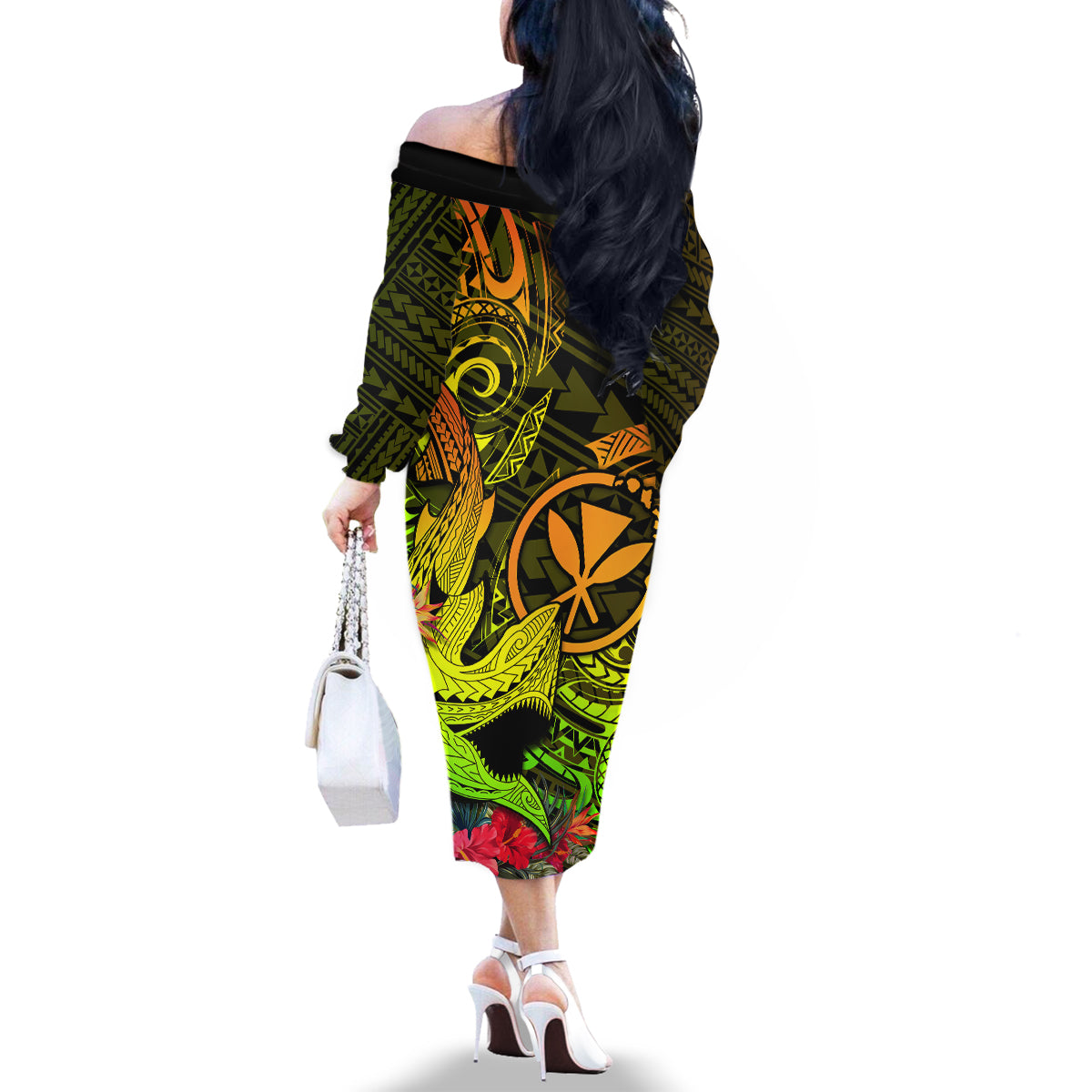 Hawaii Family Matching Off Shoulder Long Sleeve Dress and Hawaiian Shirt Kanaka Map With Polynesian Shark Tattoo Reggae Unique - Wonder Print Shop