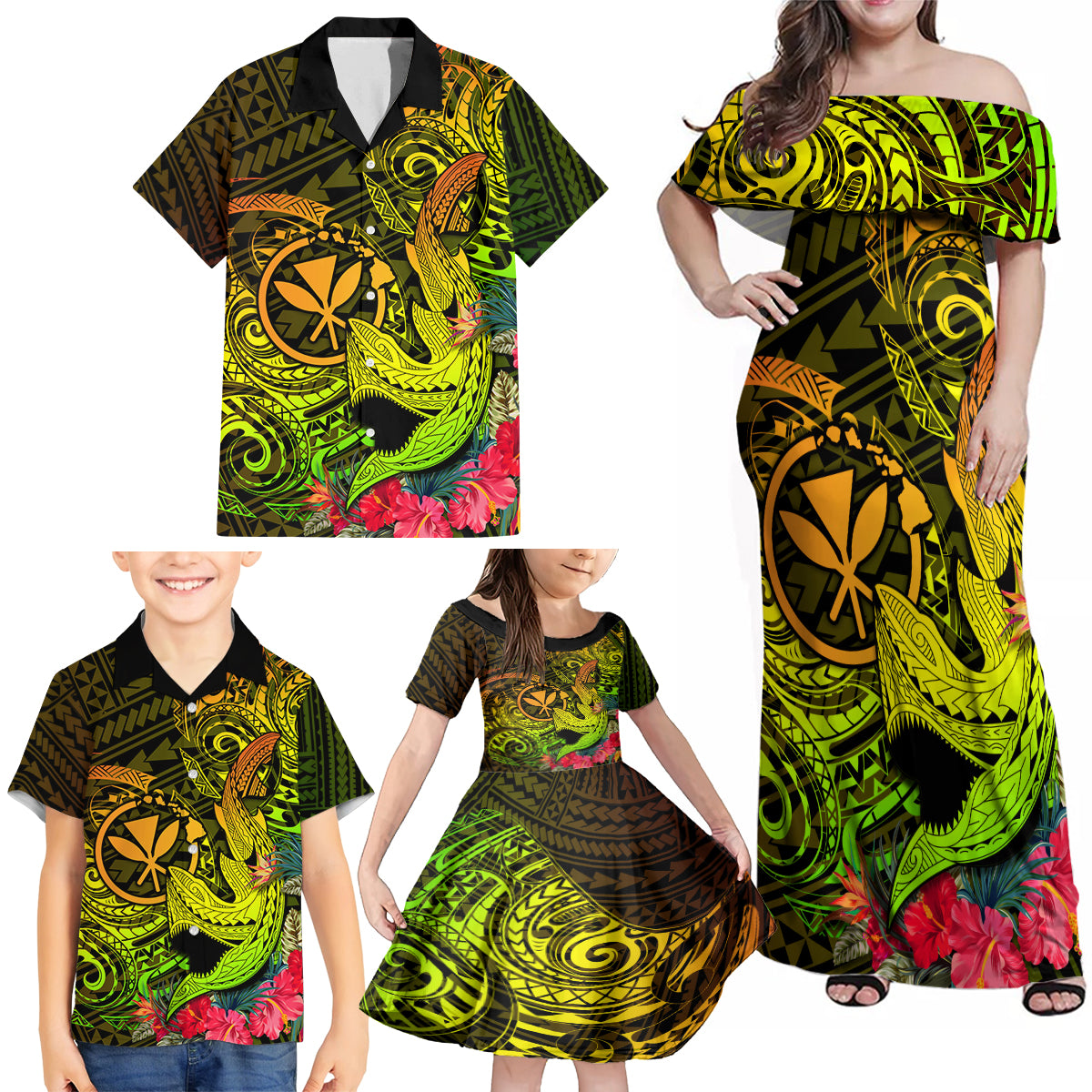 Hawaii Family Matching Off Shoulder Maxi Dress and Hawaiian Shirt Kanaka Map With Polynesian Shark Tattoo Reggae Unique - Wonder Print Shop